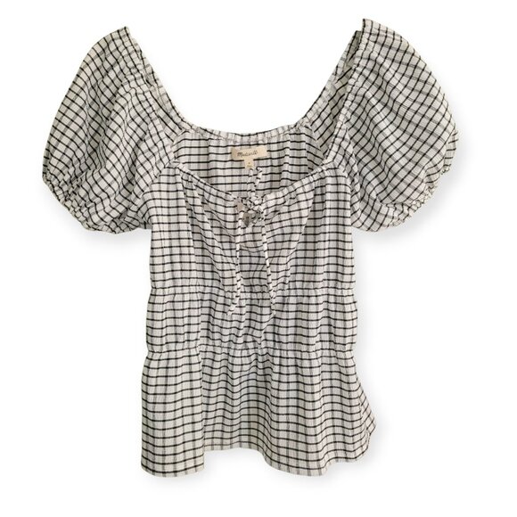 Madewell Gingham Tiered Keyhole Puff-Sleeve Black/White blouse size M NWT - Picture 2 of 11